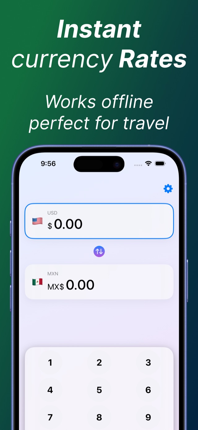 Currency Converter for Travel app on iPhone showing an instant USD to MXN conversion with a large keypad