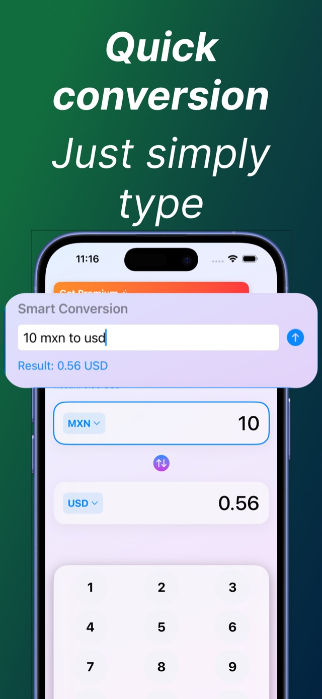 Smart Conversion feature converting the typed phrase 10 mxn to usd into 0.56 USD