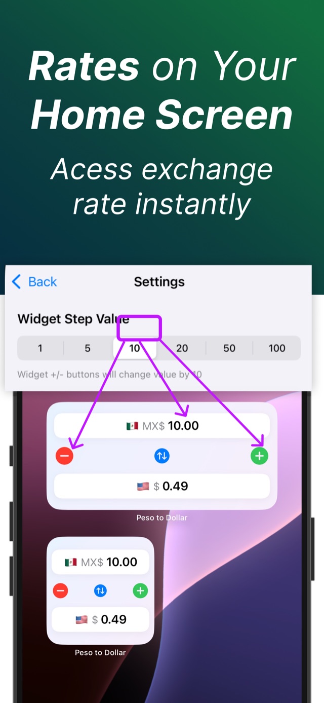 iPhone home screen widgets showing peso to dollar exchange rate with configurable step value