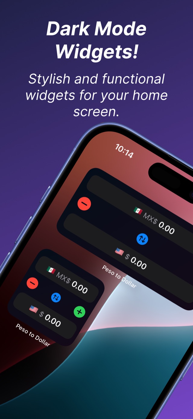 Dark mode currency widgets on an iPhone home screen