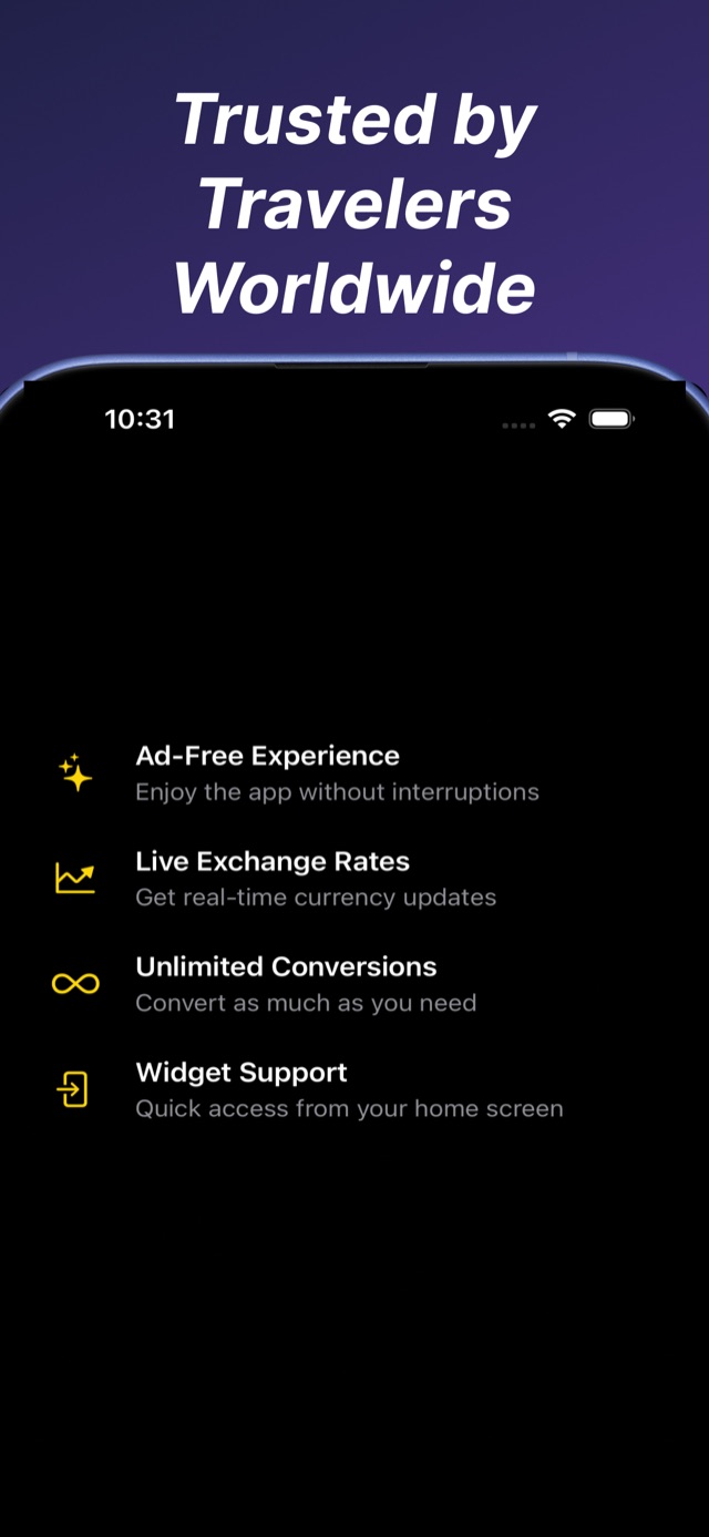 Premium features list: ad-free experience, live exchange rates, unlimited conversions, widget support